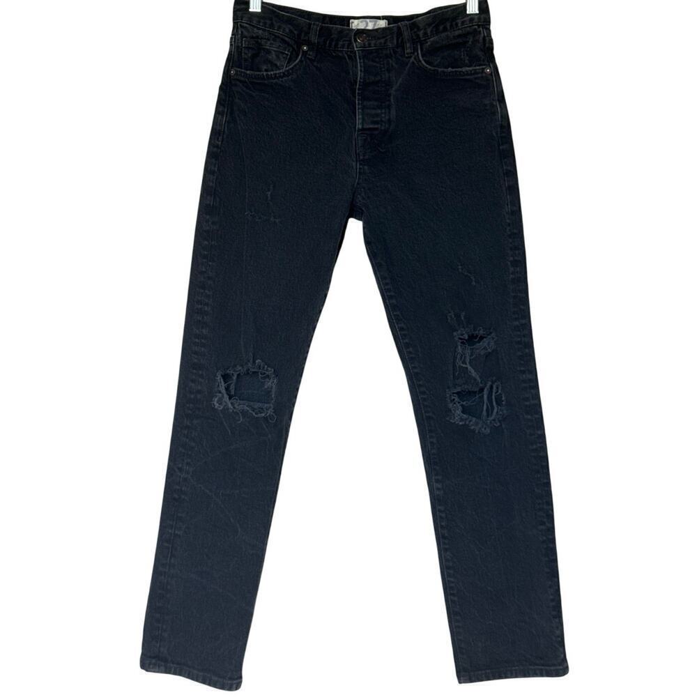 Free People High Waist Button Fly Distressed Jeans Stone Washed Black Sz 27